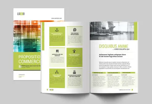 Visuel d’une proposition commerciale avec page de garde et double page intérieure, illustrant la cohérence graphique des supports de communication professionnels.