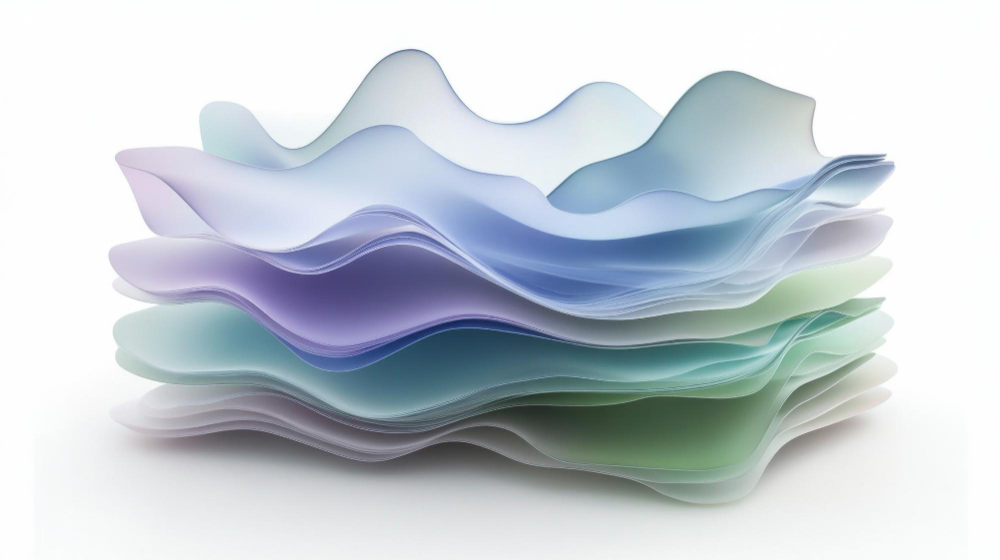 Illustration abstraite de couches superposées représentant un modèle PowerPoint sur-mesure, structuré et adapté aux usages des équipes