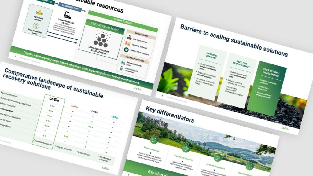 Slides d’une présentation stratégique avec schémas, tableau comparatif et blocs d’arguments