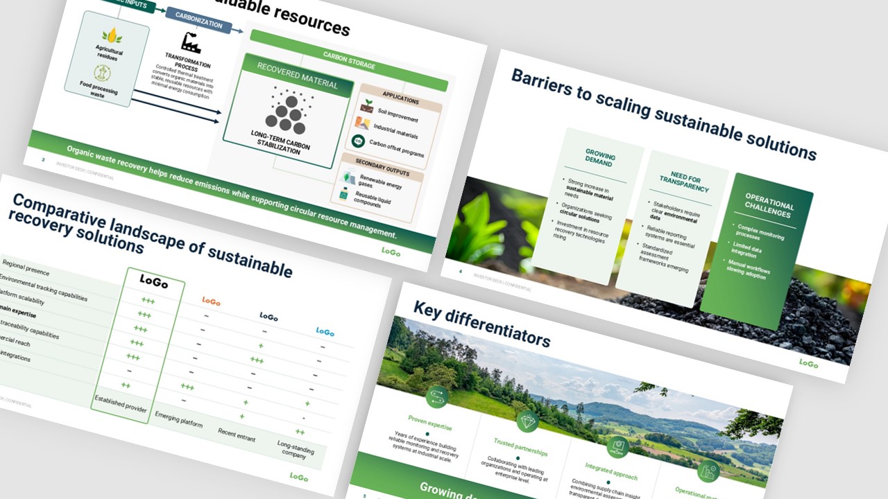 Slides d’une présentation stratégique avec schémas, tableau comparatif et blocs d’arguments