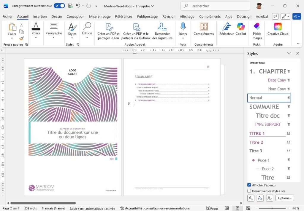 Modèle Word sur mesure structuré illustrant une mise en page claire et cohérente pour des documents professionnels